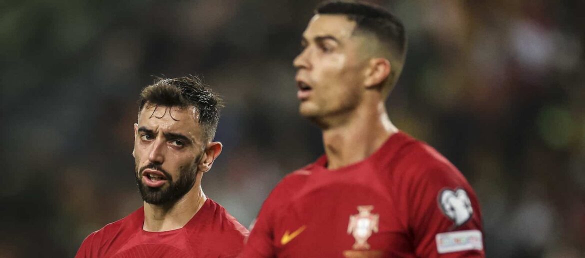 Bruno Fernandes and Cristiano Ronaldo playing for Portugal