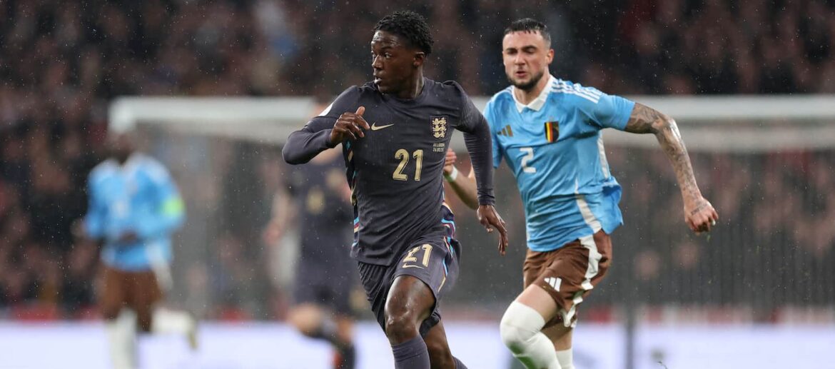 Kobbie Mainoo playing for England vs Belgium